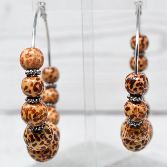 Oversized Wood Leopard Print Bead Hoop Earrings - Picture 8 of 11